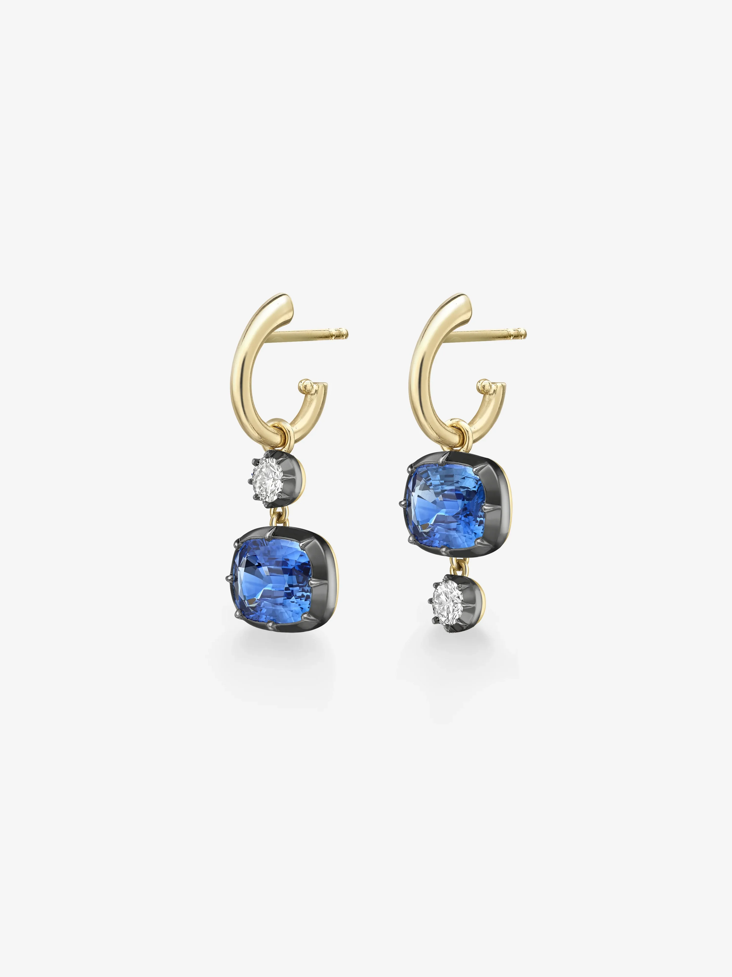 Asymmetric 3ct East-West Cushion Sapphire & Diamond Hoop Earrings - Image 2