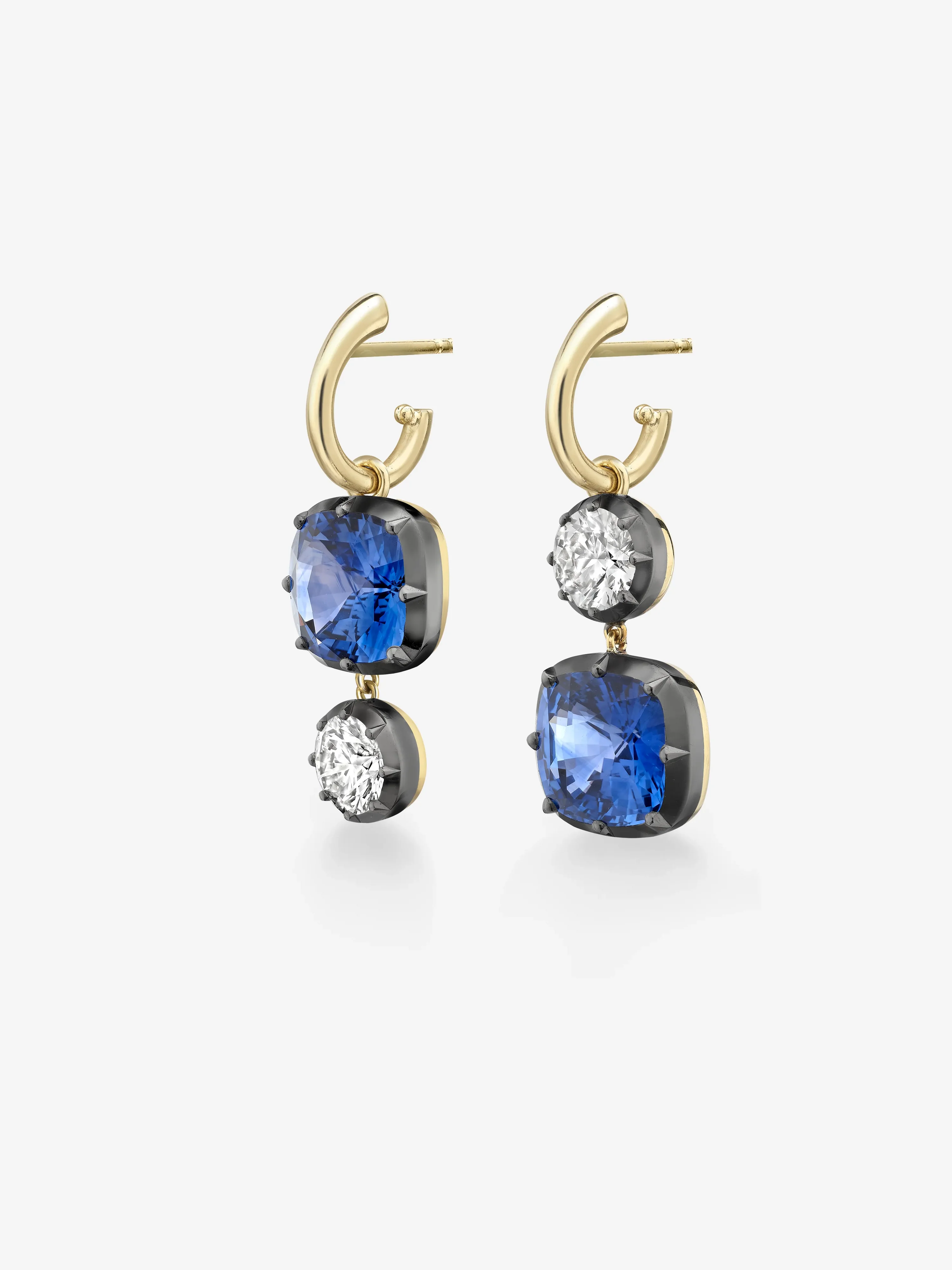 Asymmetric 7ct Cushion Sapphire & Diamond Hoop Earrings - Image 2