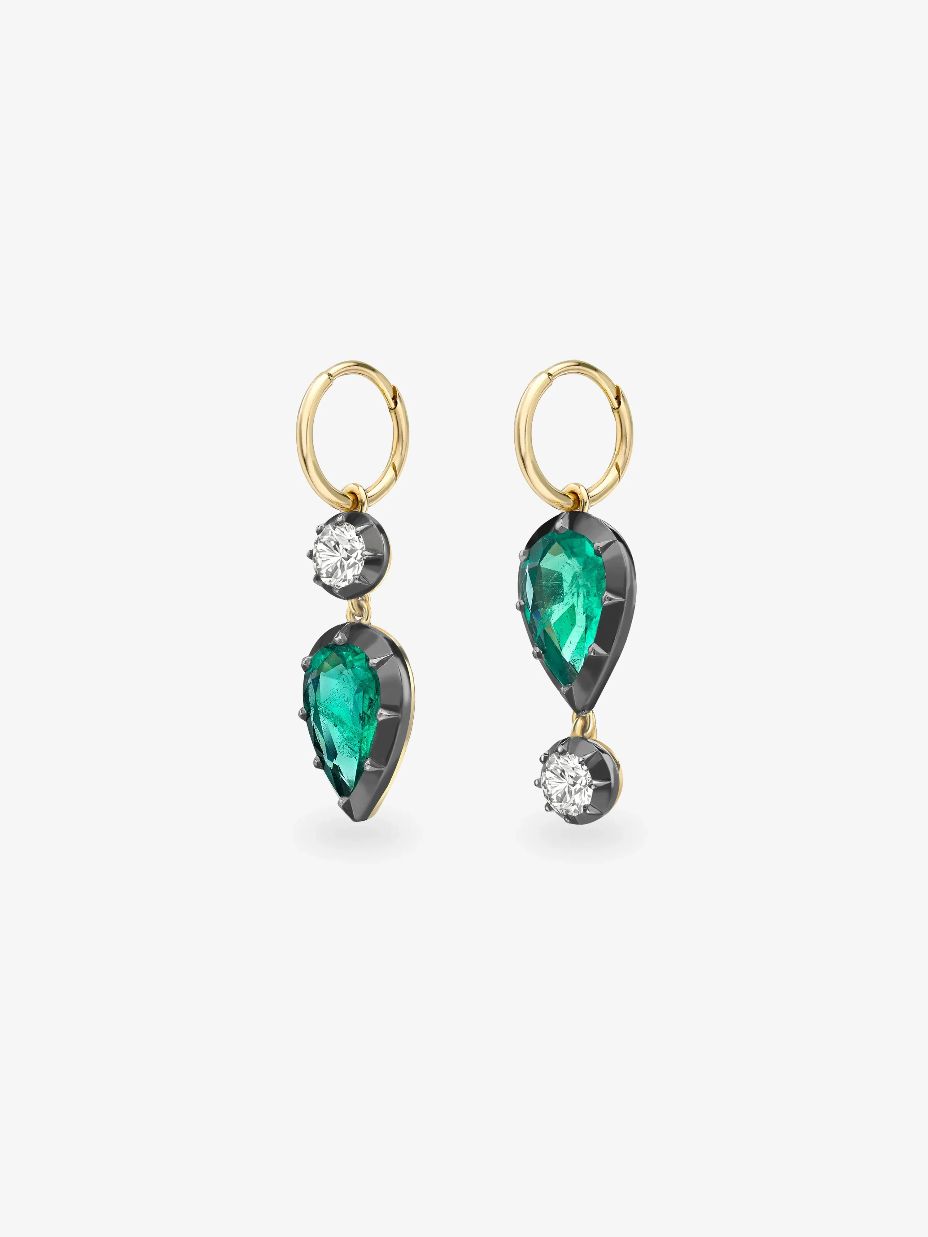 Asymmetric Pear-Shaped Emerald & Diamond Gypset Hoop Earrings - Image 2