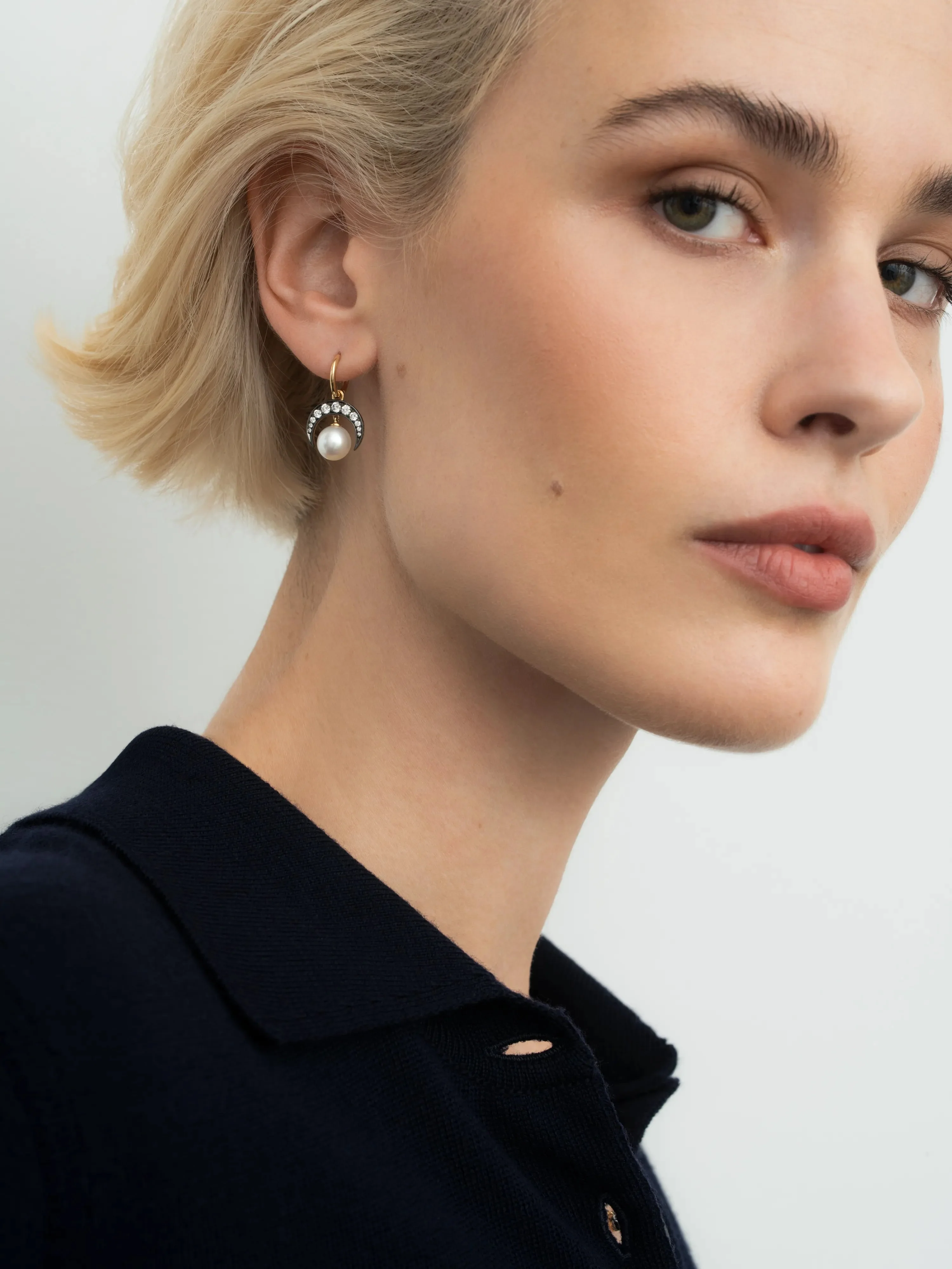 Crescent Moon Diamond & Pearl Gypset Hoop Earrings - Image 3