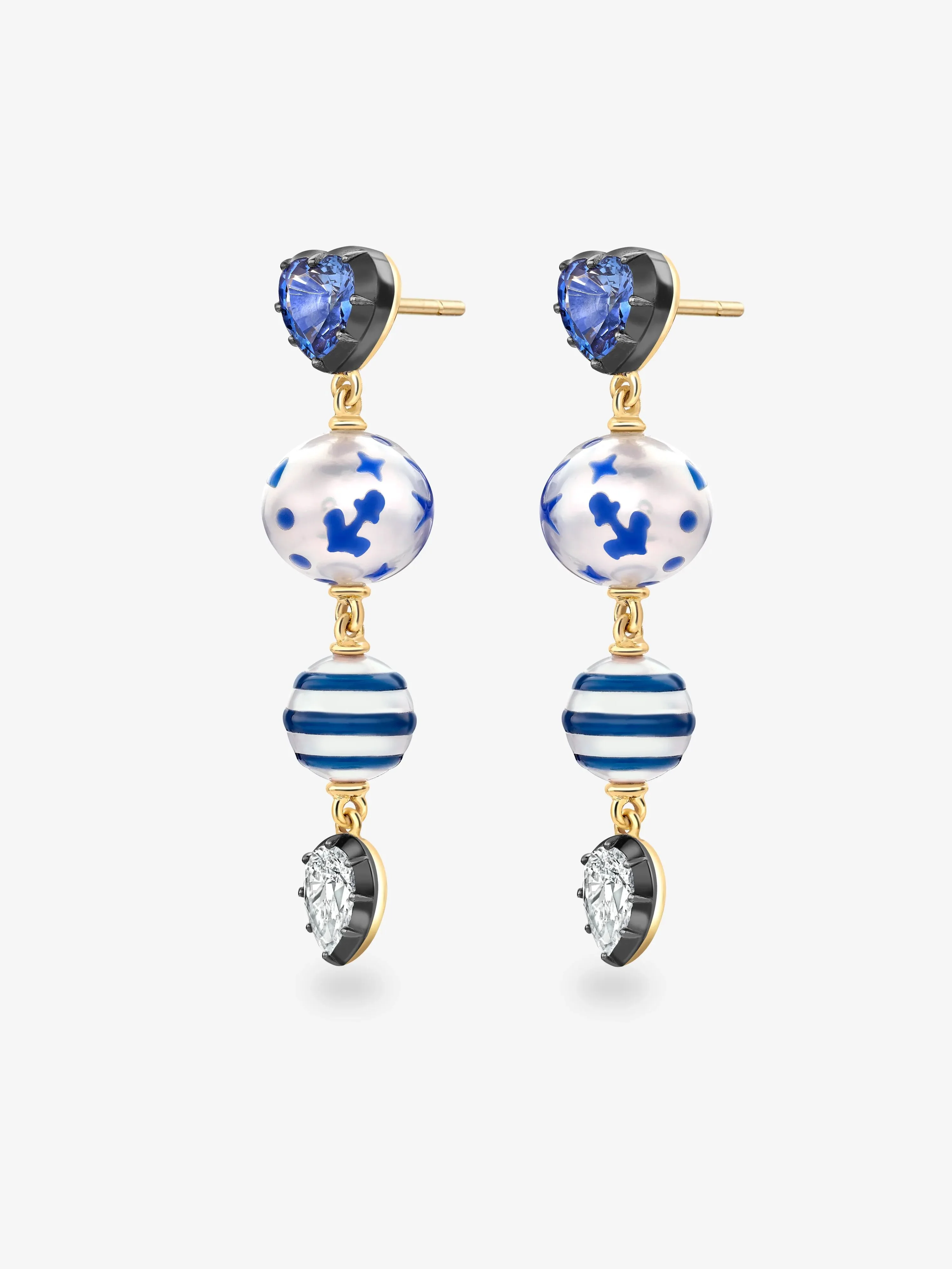 Hello Sailor Double Pearl, Diamond & Sapphire Earrings - Image 2