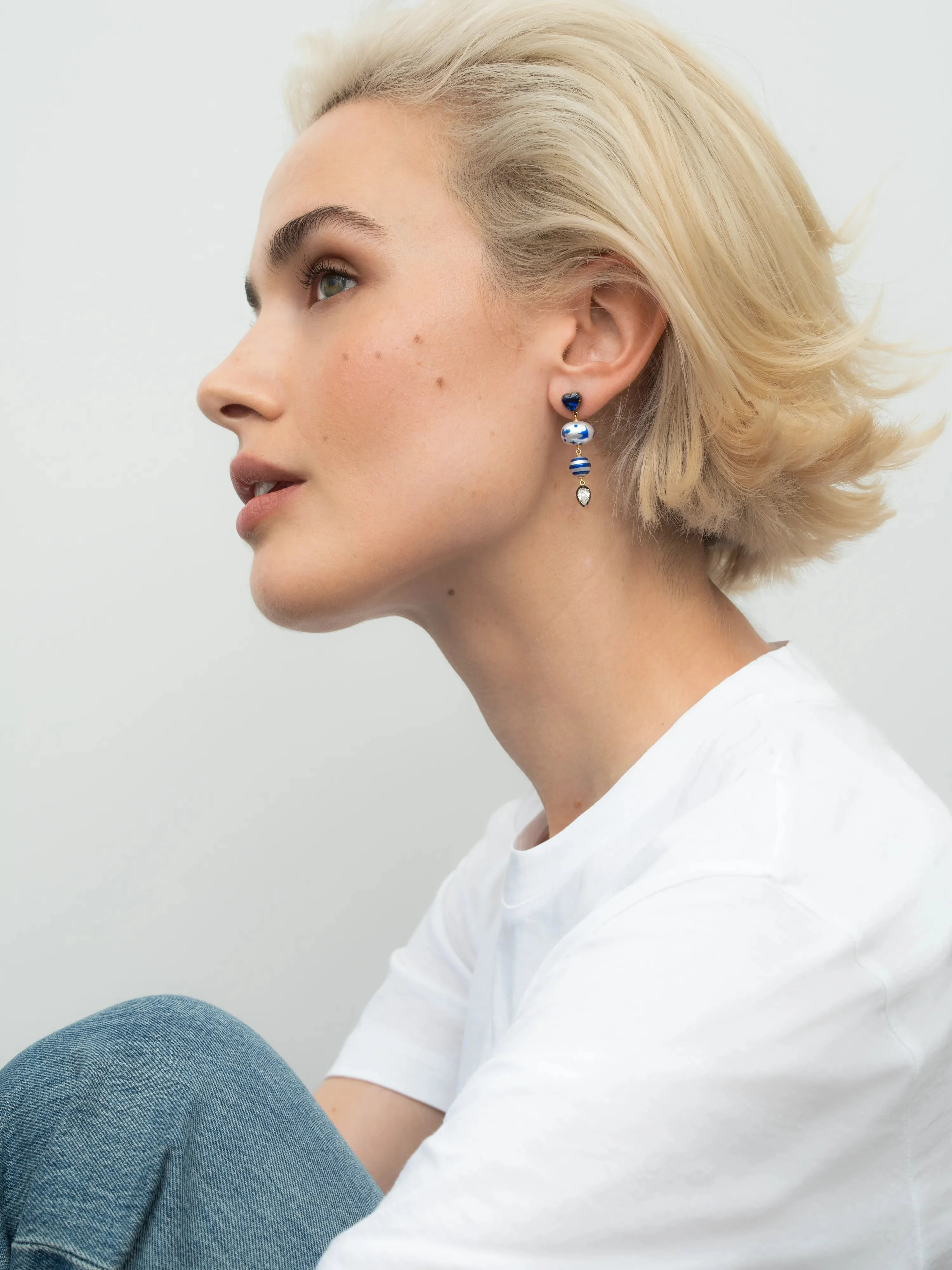 Hello Sailor Double Pearl, Diamond & Sapphire Earrings - Image 3