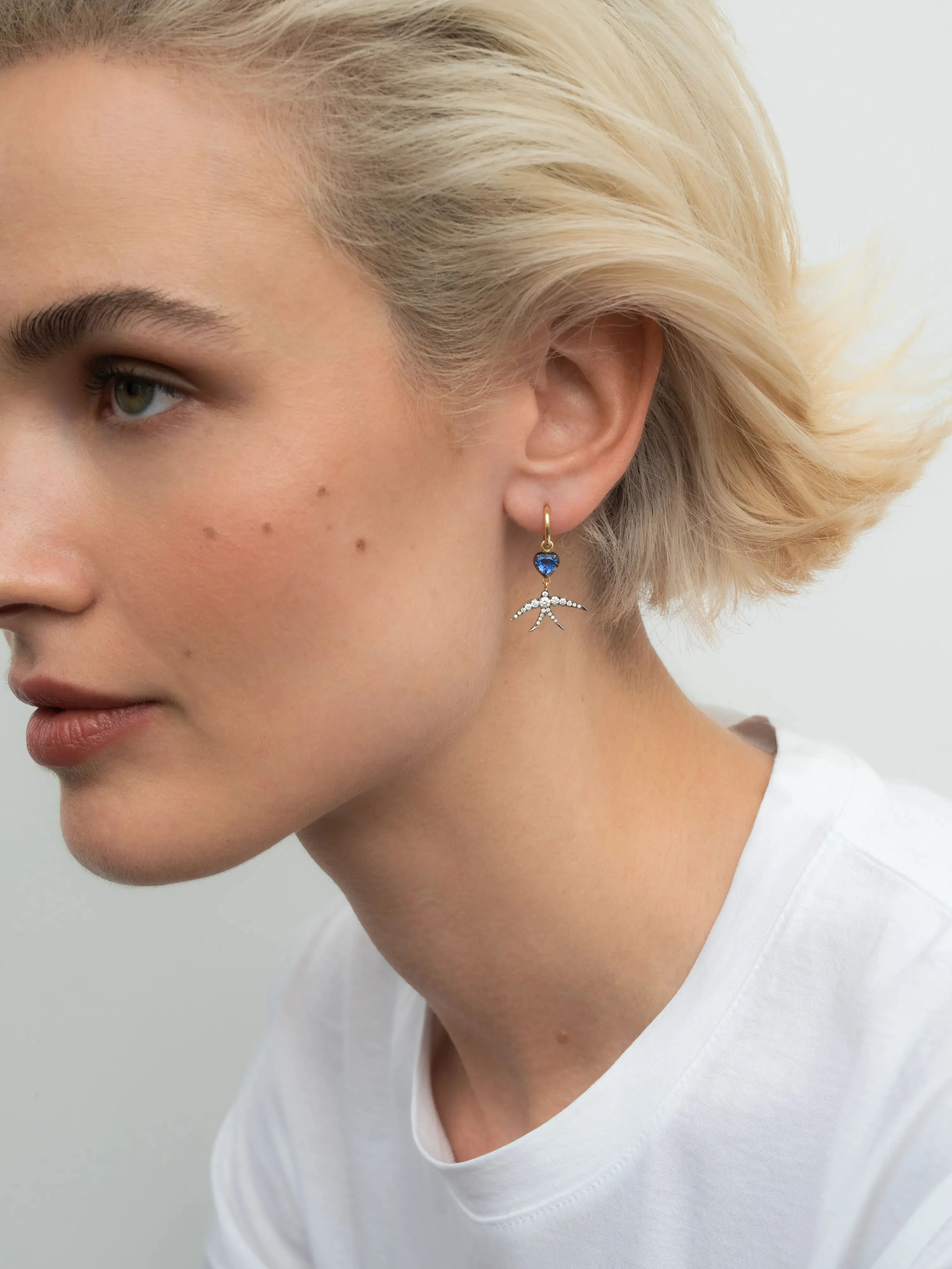 Hello Sailor Heart-Shaped Sapphire & Swallow Gypset Hoop Earrings - Image 3