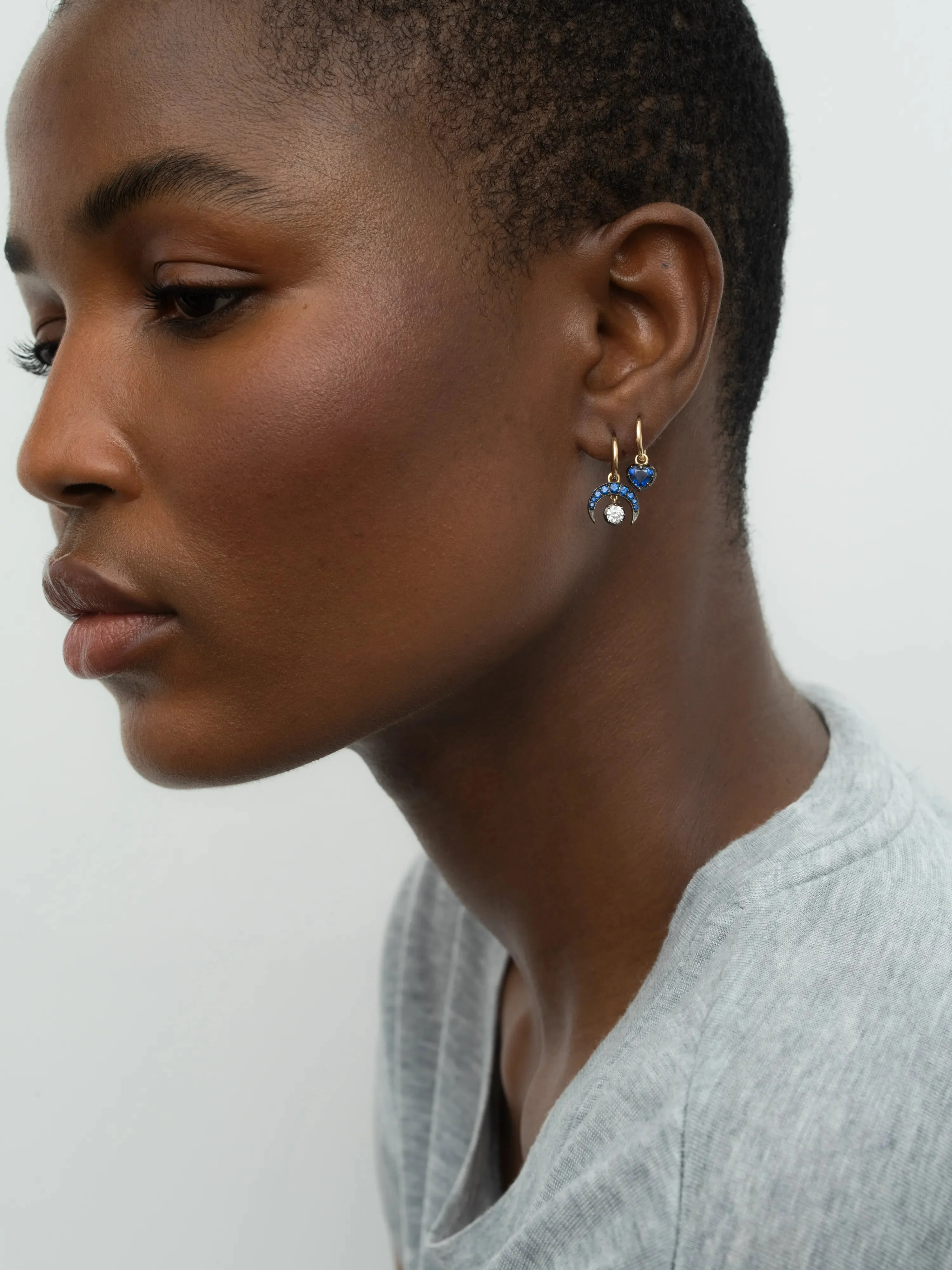 Crescent Moon Sapphire & Blackened Gold Gypset Hoop Earrings - Image 3